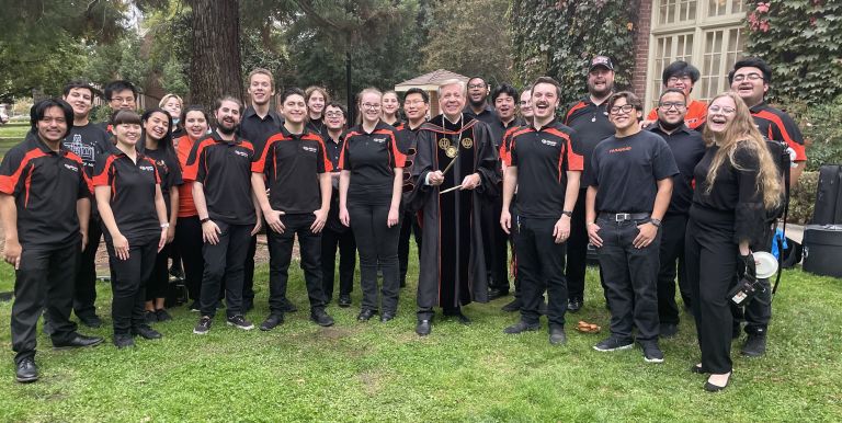 Pacific Pep Band with President Callahan