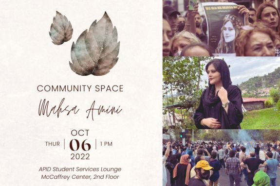 Event flyer featuring photos of Mahsa Amini and protesters