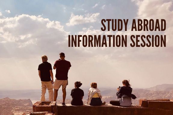 image of 5 students sitting or standing on a wall looking out into the skyline. text reads in upper right hand corner study abroad information session