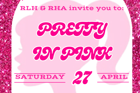 Pink flyer with letters "Pretty In Pink" happening on Saturday, April 27th, 2024. 