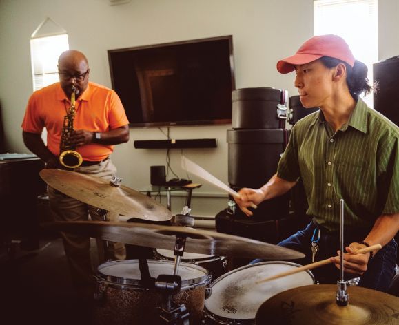 Jazz Studies student and professor rehearsing